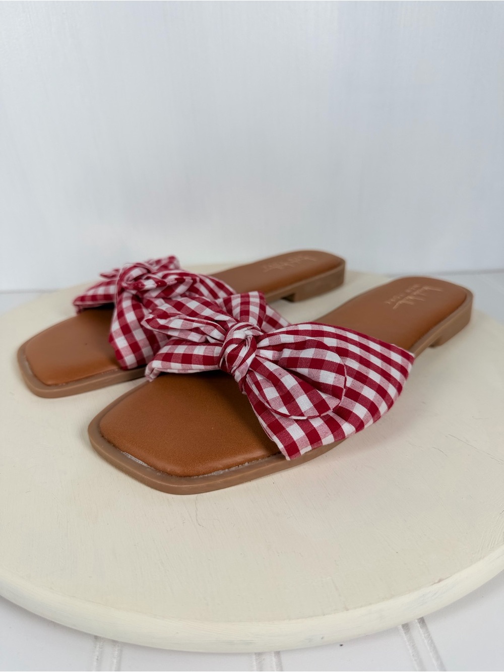 Nicole Miller NY Gingy Red/White Check Cotton Gingham Knot Slide Sandals - Sz7.5